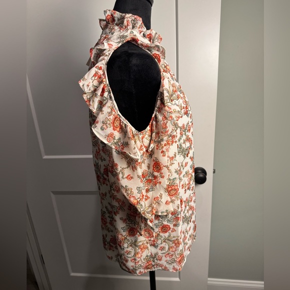 MAX STUDIO Floral Cold-Shoulder Top ruffled high neck  puff sleeves - Picture 4 of 9